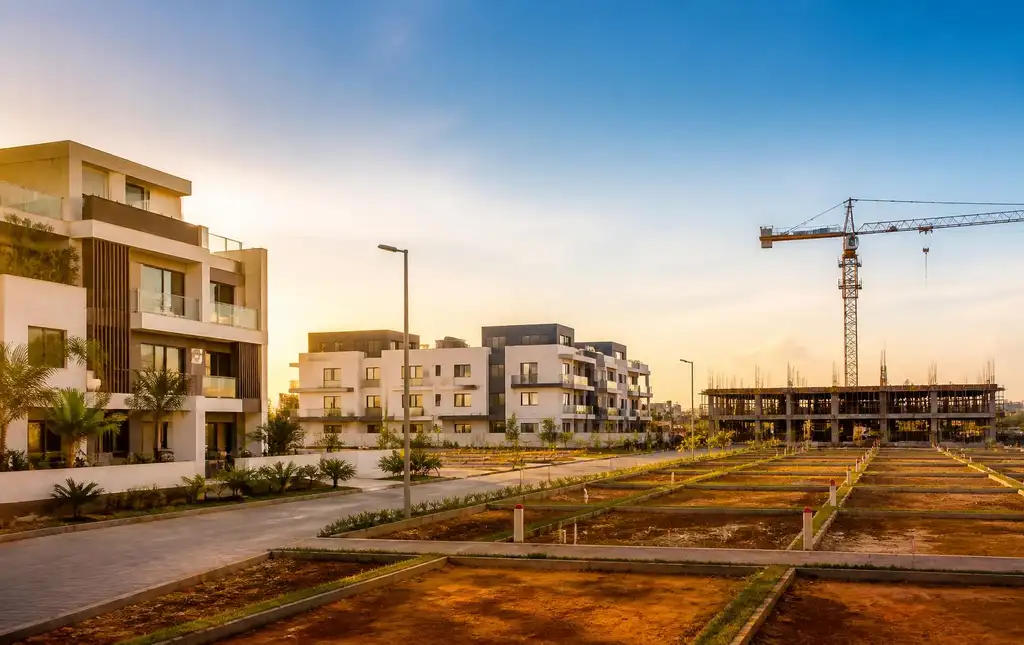 Modern residential development at golden hour
